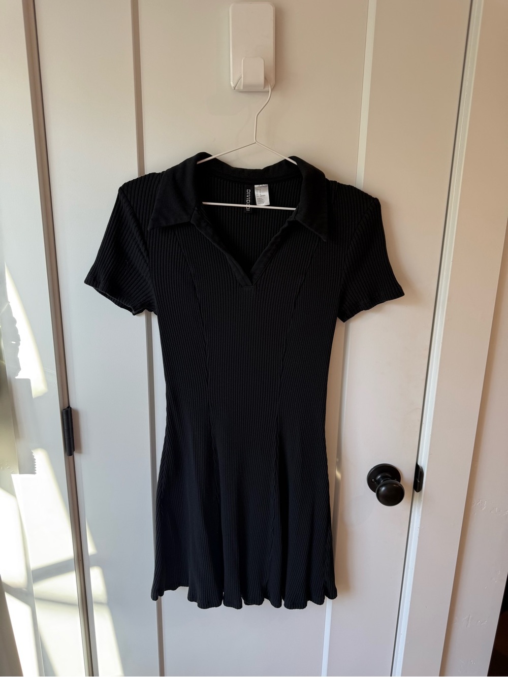 Divided Black Ribbed Collared Mini Dress